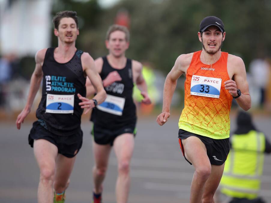 Chasing pack: 2015 winner Jordan Gusman (right) held off Matthew Cox (left) to finish second. Matthew Hudson (centre) finished fourth. Picture: John Veage