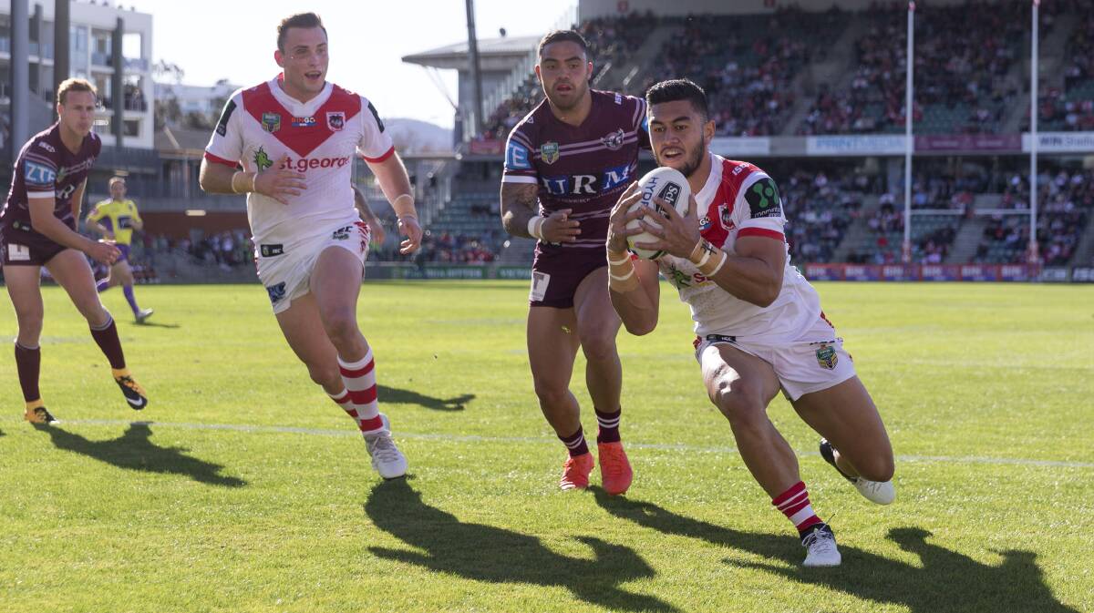 Good start: Tim Lafai scores St George Illawarra's second try in their 30-point romp over Manly in Wollongong on Sunday. Picture: Craig Golding/AAP