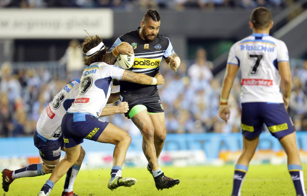 Stopped in his tracks: Cronulla forward Andrew Fifita runs the ball up against the Gold Coast. Picture: Chris Lane