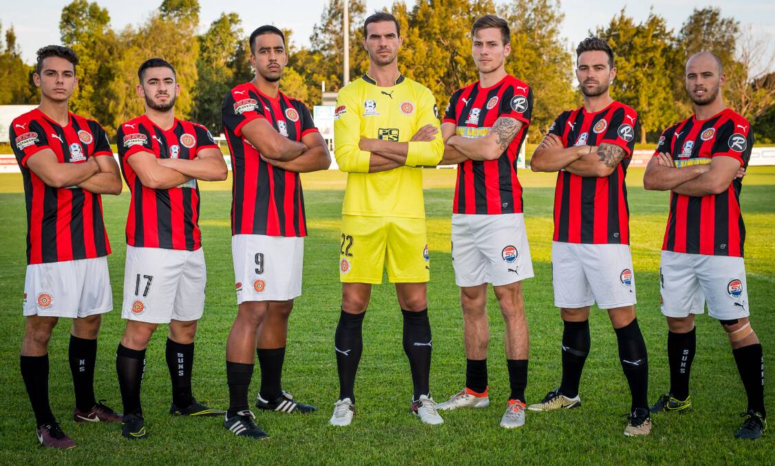 New blood: [From left] Trent Sierra, Michael Loupis, Jordan Figon, Ante Covic, Jonathan Grozdanovski, Harris Gaitatzis and Brayden Sorge have all signed with Rockdale City. Picture: Rockdale City Suns FC