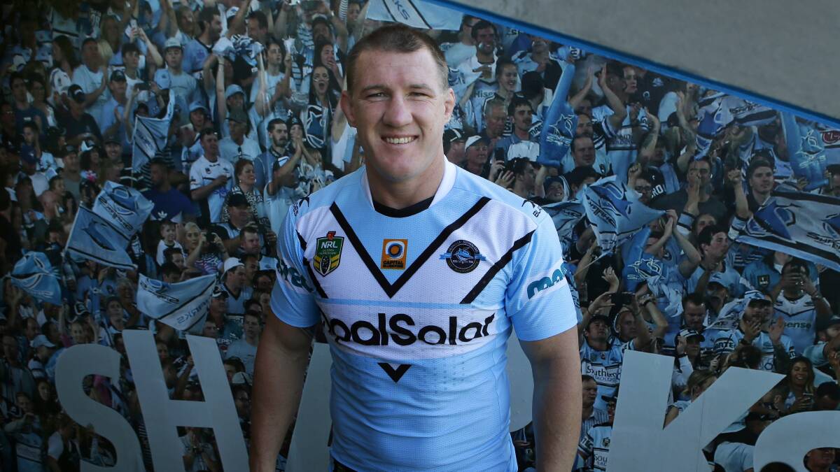 Mr Black, white and blue: Cronulla Sharks captain Paul Gallen will play his 300th NRL game against the Broncos in Brisbane on Friday night. Picture: John Veage