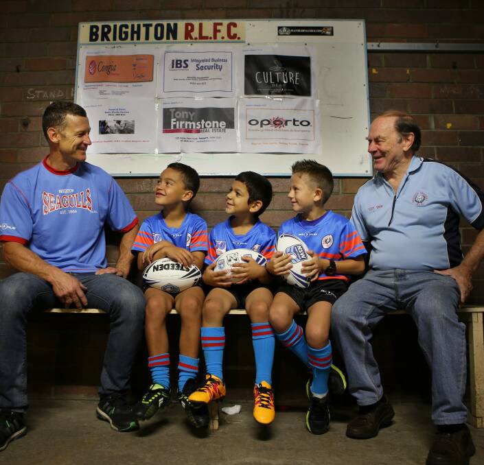 Favourite son: Former Brighton junior and St George legend Brad Mackay (left) with club president Bruce Hartley (right) and young Seagulls Billy Webber, Omar Diab and Dion Giannopoulos. Picture: John Veage