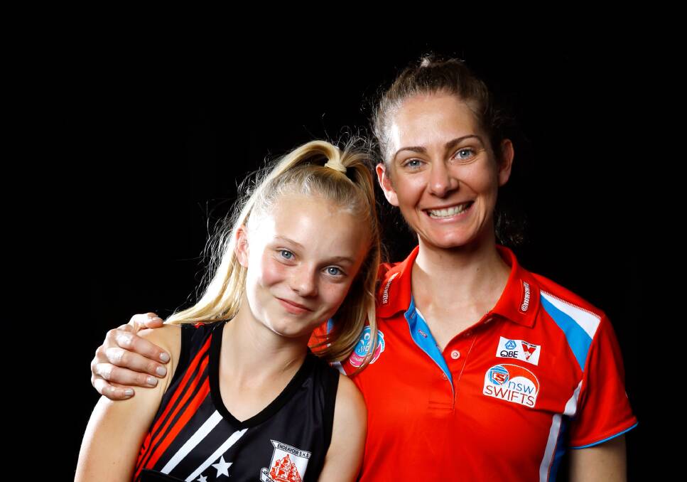New season: NSW Swifts player Abbey McCulloch (right) with Endeavour Sports High School student Alyssa Archer earlier this year. Picture: Janie Barrett