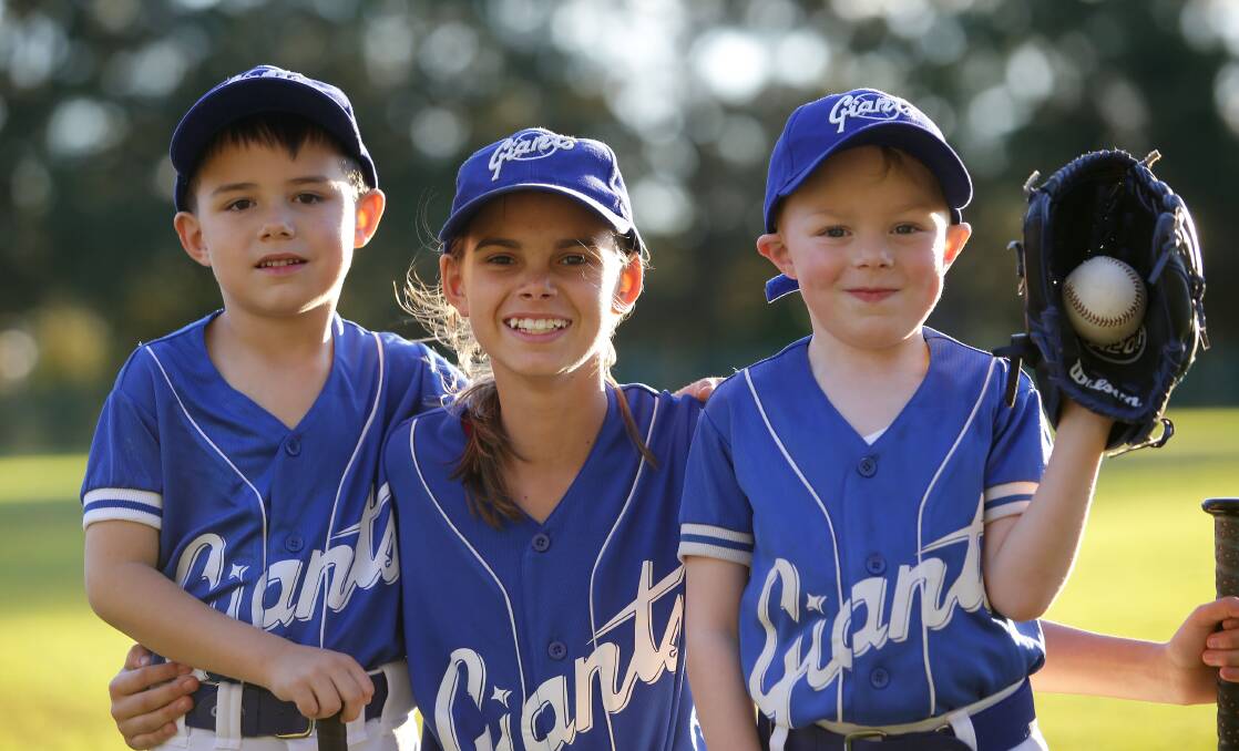Love of the game: Giants Baseball Club juniors Lincoln Carter, Taylor Napier and Ben Napier. Picture: John Veage