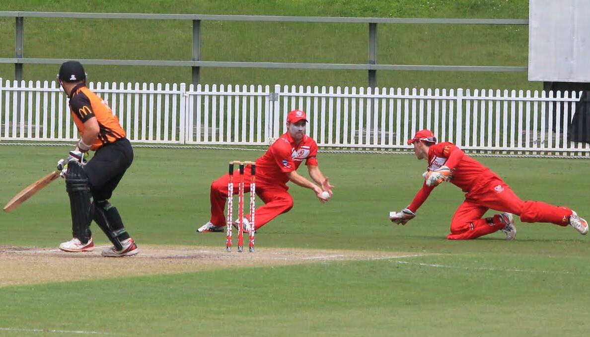 What a catch: Rory Burns takes a catch in the slips for St George in the limited overs semi-final against Sydney at Drummoyne Oval. Picture: Alan Vaughan.