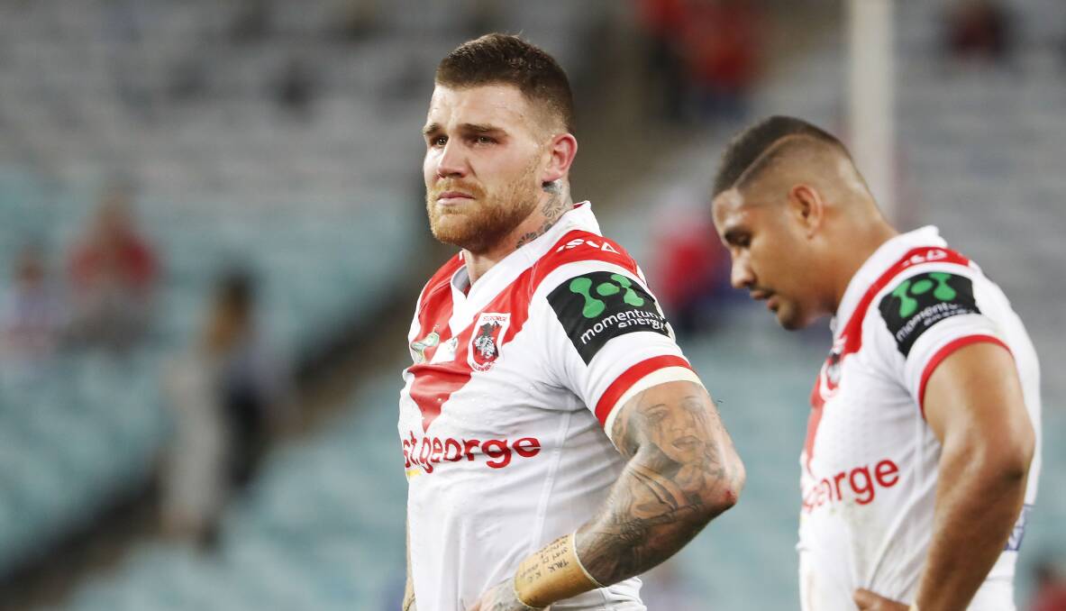 Devastated: St George Illawarra centre Josh Dugan has played his final game for the Dragons after they failed to reach the NRL finals. Picture: Daniel Munoz/AAP Image