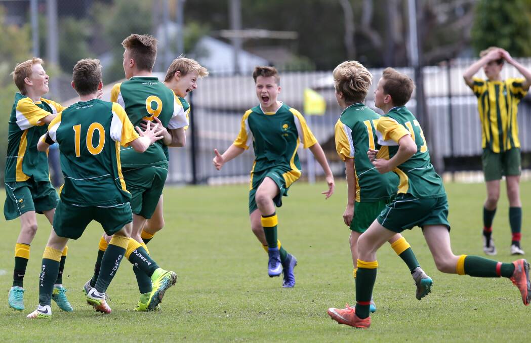 Strike to savour: Sylvania Heights players celebrate their winning goal as they downed Lilli Pilli 1-0 in the under-14s A decider. Picture: John Veage
