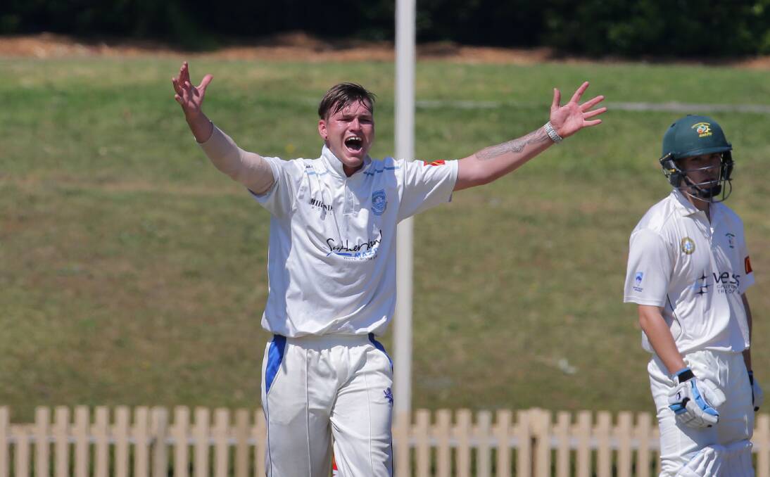 Big shout: Sutherland quick Kyle Brockley beats the bat against Campbelltown-Camden at Glenn McGrath Oval on Saturday. Sutherland are top of the table after three rounds. Picture: John Veage