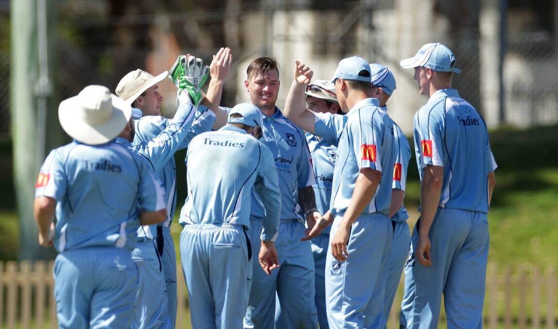 Got him, yes!: Sutherland players congratulate Kyle Brockley on one of his wickets on Saturday. Pictures: Chris Lane