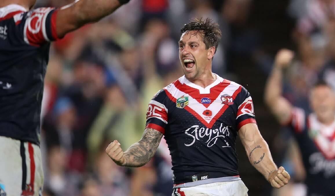 Roosters halfback Mitchell Pearce celebrates the match-winning field goal. Picture: Getty Images