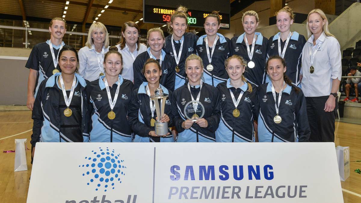 Cassie Staples, front row, third from the left, with her Sutherland Stingrays teammates after last year's Netball NSW Premier League grand final victory. Picture: Nigel Owen