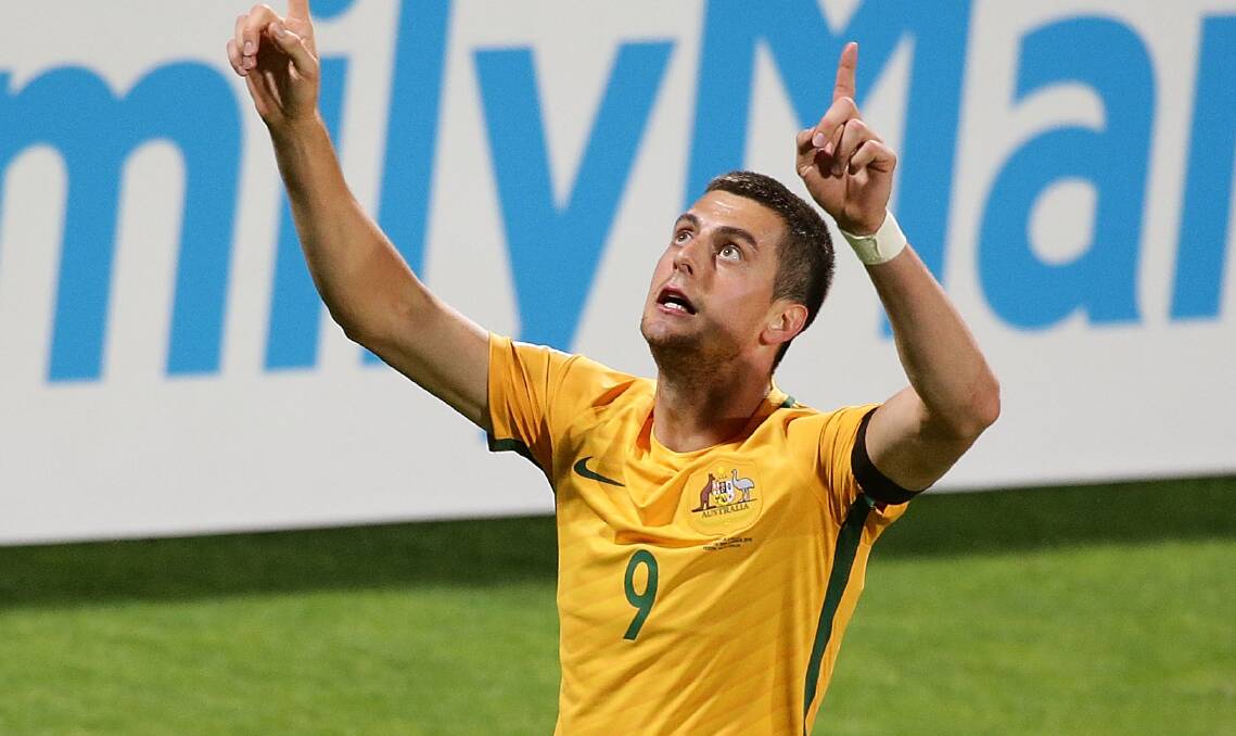 Goal time: Former Endeavour Sports High Student Tomi Juric celebrates his goal against Iraq in Perth in September. Picture: Getty Images/Will Russell