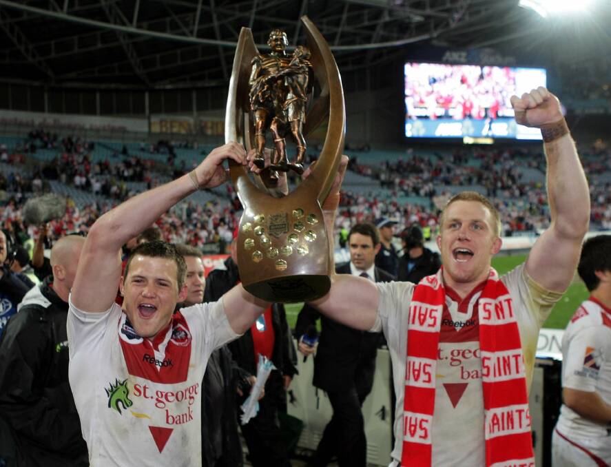 Happy days: Dragons captain Ben Creagh (right) with Brett Morris celebrating the club's premiership win in 2010. Picture: Andy Zakeli