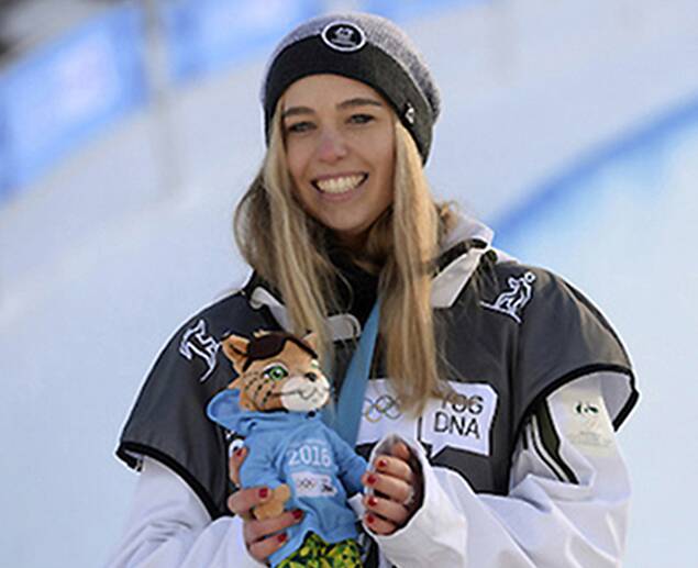 Emily Arthur on the podium in Lillehammer at the winter youth Olympic Games two years ago. Picture: Youth Information Service/International Olympic Committee 