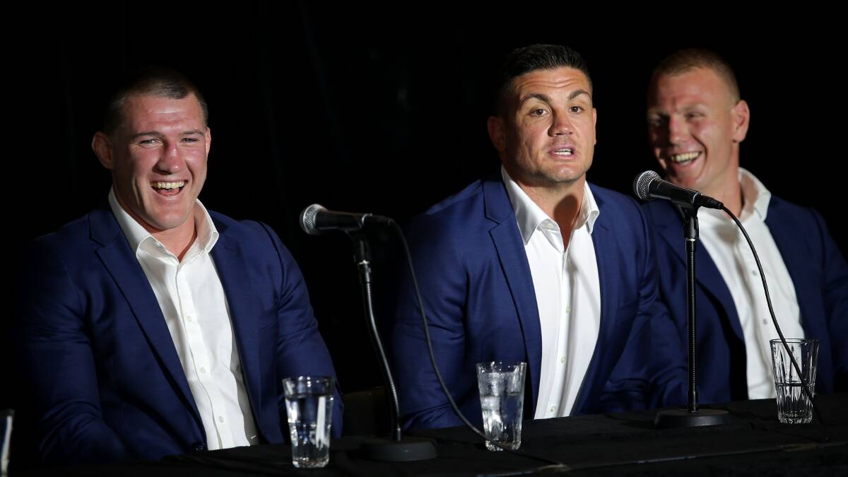 Keep them laughing: Cronulla forward Chris Heighington in a relaxed mood, flanked by captain Paul Gallen (left) and Luke Lewis, at the NRL grand final press conference on Thursday. Picture: John Veage