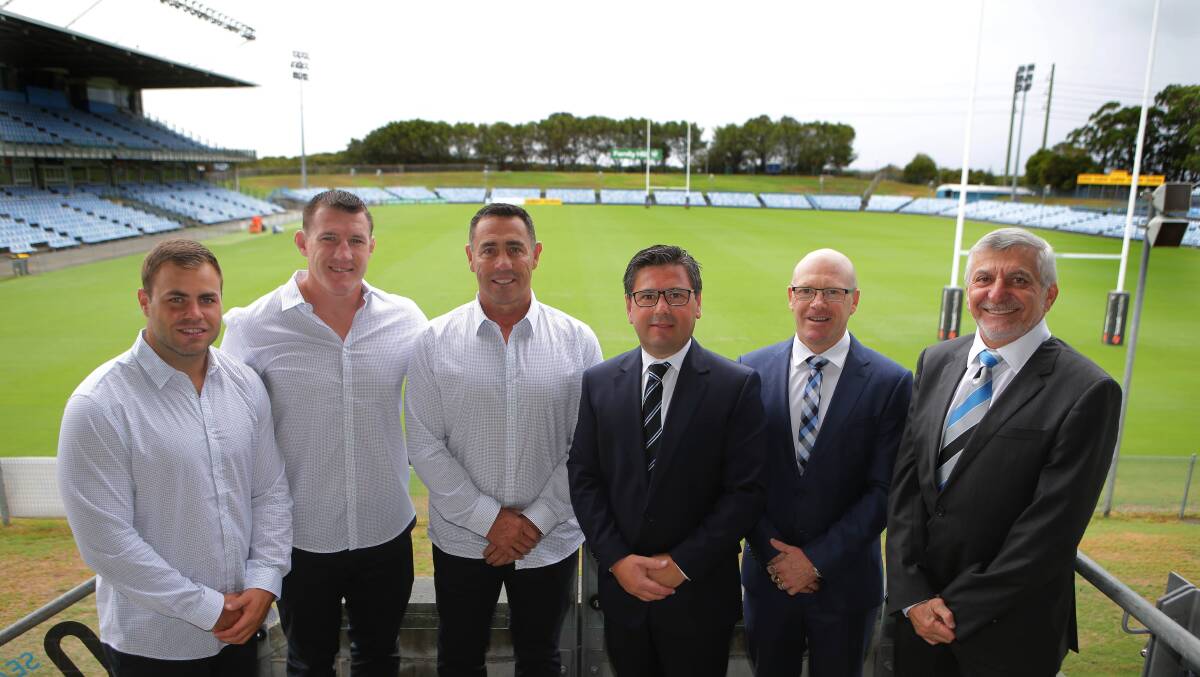 From the front: Cronulla's new leadership team of co-captains Wade Graham and Paul Gallen, NRL coach Shane Flanagan, chairman Dino Mezzatesta, football club CEO Barry Russell and leagues club CEO Tim McAleer. Picture: John Veage