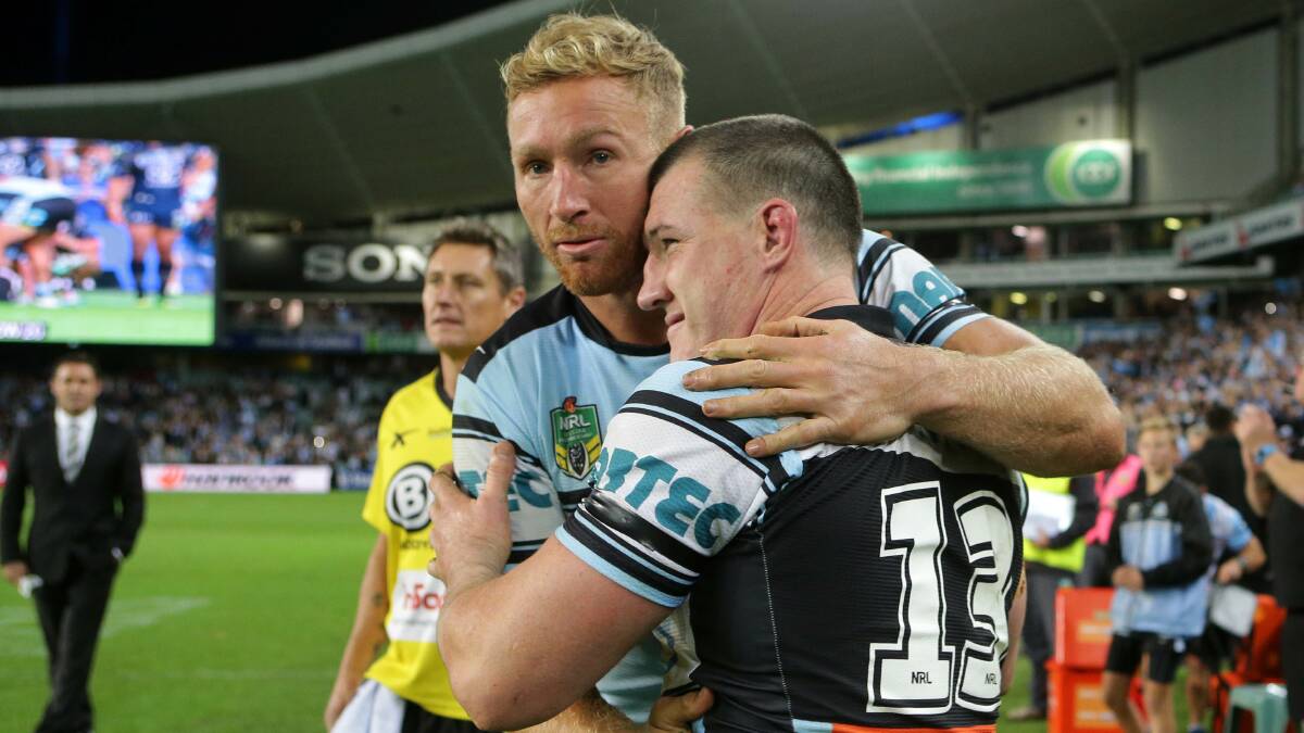 We can be heroes: Sharks forwards Matt Prior (left) and Paul Gallen were strong against the big Cowboys pack. Picture: John Veage