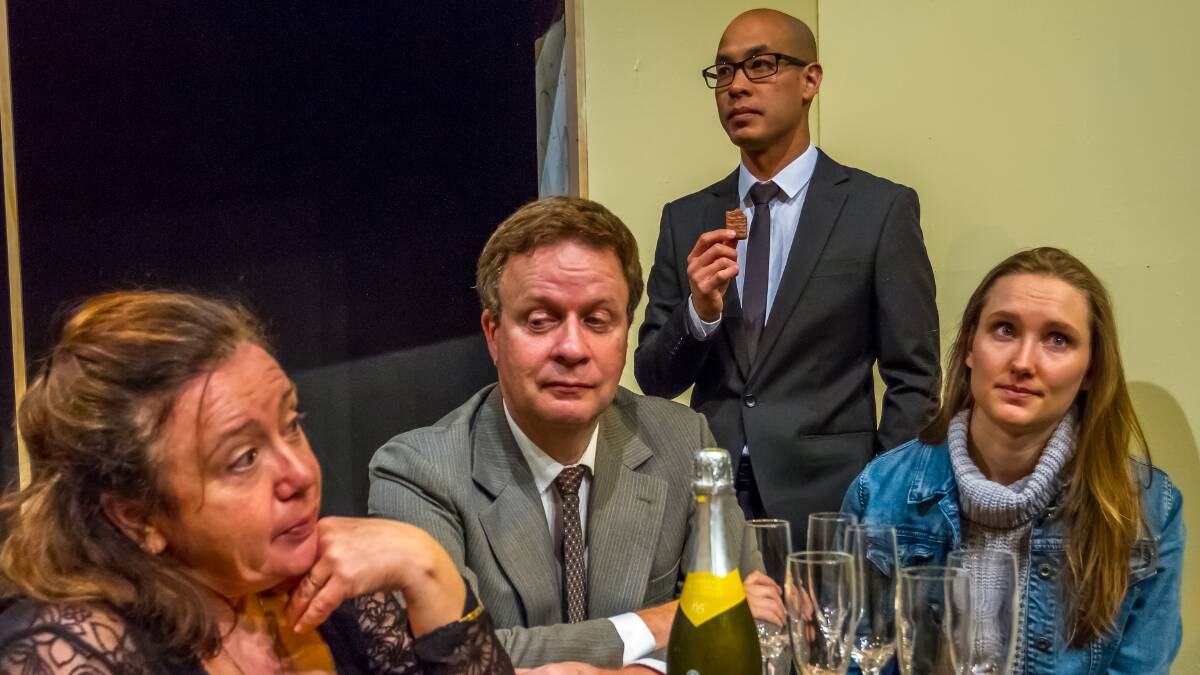 Broken: Dysfunction around the Aussie dinner table. Anne McMaster (Dawn Patterson), David Hines (Ron Patterson), Brad Yee (Ted Wilkins), Caitlin Gleeson (Debbie Patterson). Picture: Supplied