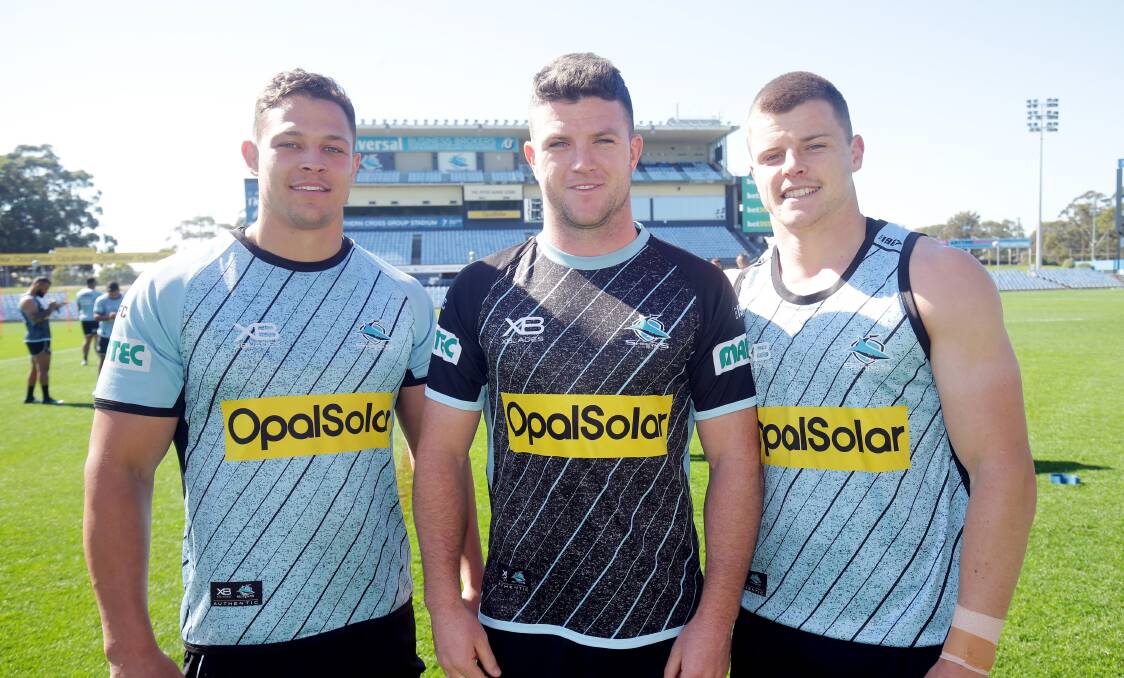 Local boys: Sharks juniors Scott Sorensen, Chad Townsend and Jayden Brailey are one game away from an NRL grand final with Cronulla. Picture: Chris Lane