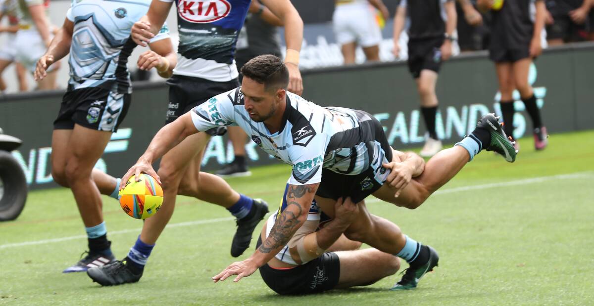 Try time: Gerard Beale scores for the Sharks. Picture: NRL Photos
