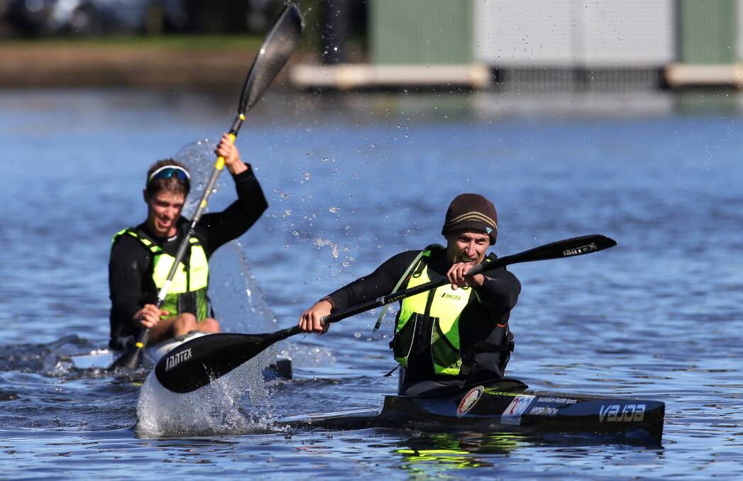 One-two finish: Cronulla's Sasa Vujanic and Dean Blanche competing in round five of the 2016 PaddleNSW Marathon Series on the Woronora River. Picture: John Veage
