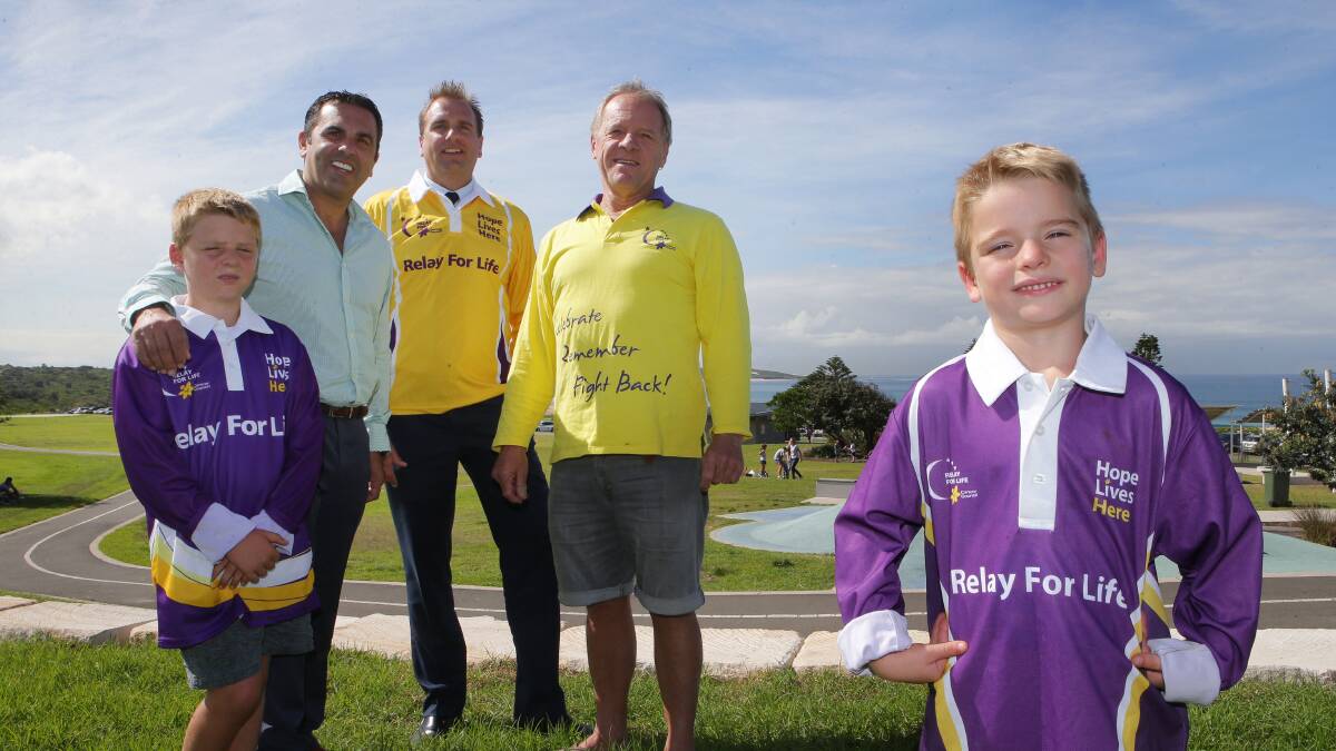 Relay: Pictured (from left) are Mika, 7, Sutherland Shire Mayor Carmelo Pesce, relay co-chairmen Luke Barbuto and Rod Coy, and Lorenzo, 5. Picture: John Veage