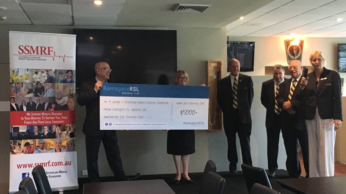 Donation: The St George and Sutherland Medical Research Foundation receive a cheque from the Ramsgate RSL. Picture: Supplied