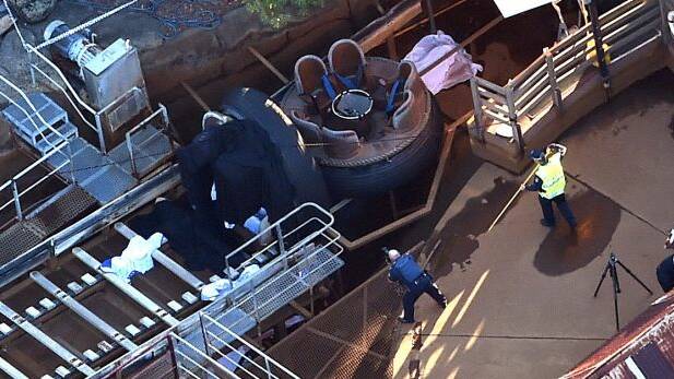 Emergency crews at the scene of the accident at Ardent's Dreamworld theme park. Photo: AAP