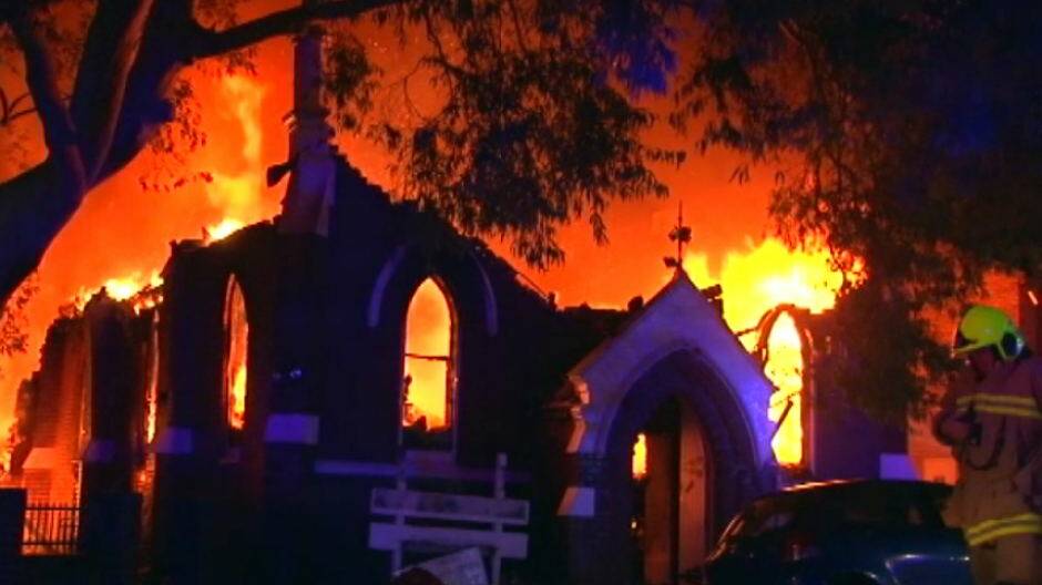 Blaze: Fire erupts at a Rockdale church on Sunday night. Picture: ABC News