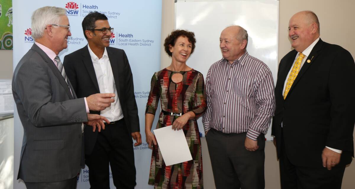 Healthy partnerships: Director of Primary and Integrated Health Greg Stewart, clinical lead for the program Anand Deva, GP Leanne Corbett, chief executive of South Eastern Sydney Local Health District Gerry Marr and Heathcote MP Lee Evans. Picture: Melissa Abdullah