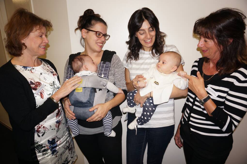 Ongoing support: Sutherland Hospital child and family health nurse Agnes Hare, Elizabeth Talbot and baby Ari, Hiba Leondis and baby Sophia, and St George Hospital child and family health nurse, Susan Mealor.