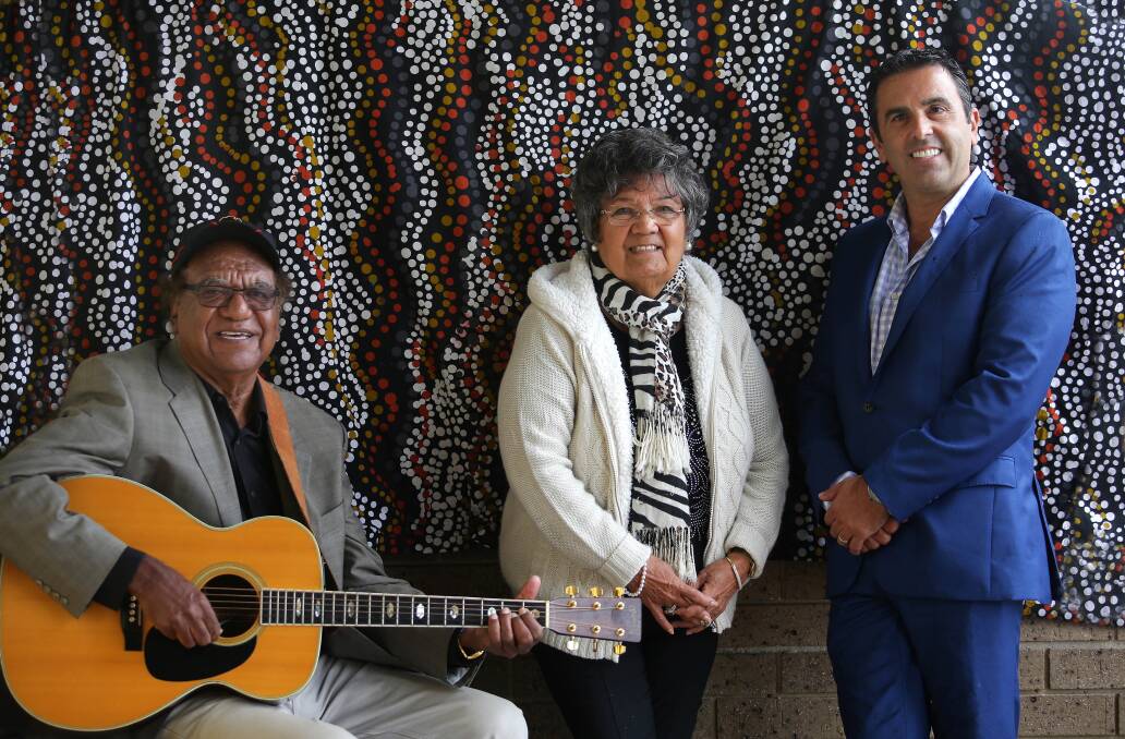 Watershed vote: Deanna Schreiber, along with Sutherland Shire Mayor Carmelo Pesce and musician Col Hardy, are encouraging shire residents to attend My Journey: 1967 Referendum Memories. Picture: John Veage