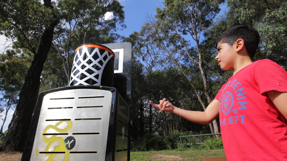 Sutherland Shire Council recycles old bins to look like basketball hoops.Picture Kaleb Moritz