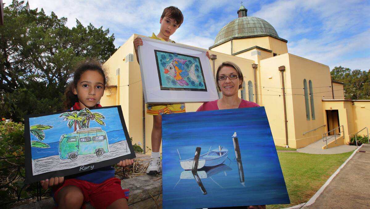 Brushing up: The 2nd Elephant House Art Show will raise money for the restoration of the church dome. Students from six schools are exhibiting including Hamish and Sarah, pictured with Juliet Wendon outside the Elephant House church. Picture: John Veage