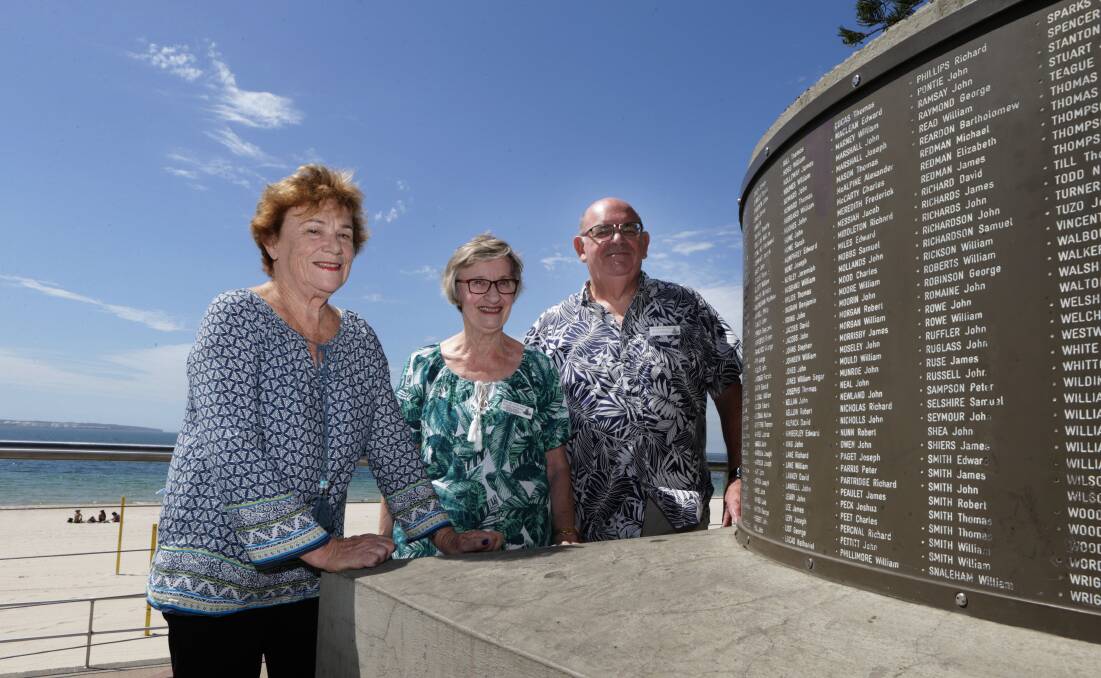 Voyage of discovery: The Fellowship of First Fleeters Botany Bay Chapter interim secretary, Carol Macklin (left) solved a family mystery when she spotted a familiar name on the First Fleet Memorial at Brighton. She is pictured with Fellowship members Elaine and Kevin Snowball .Picture: John Veage
