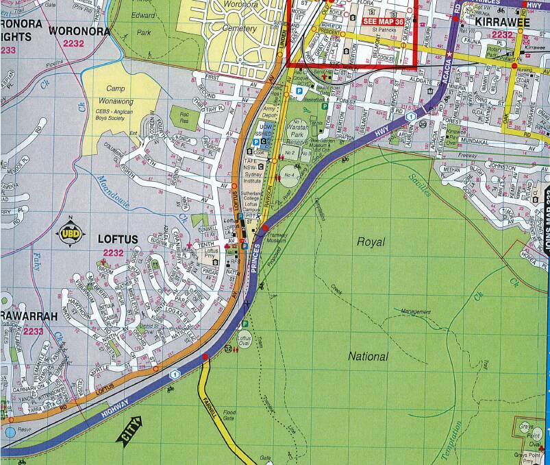 The F6 long-known route between Kirrawee to Loftus is marked by dark green parallel lines, which end at Princes Highway, near Loftus Oval. Source: UBS directory