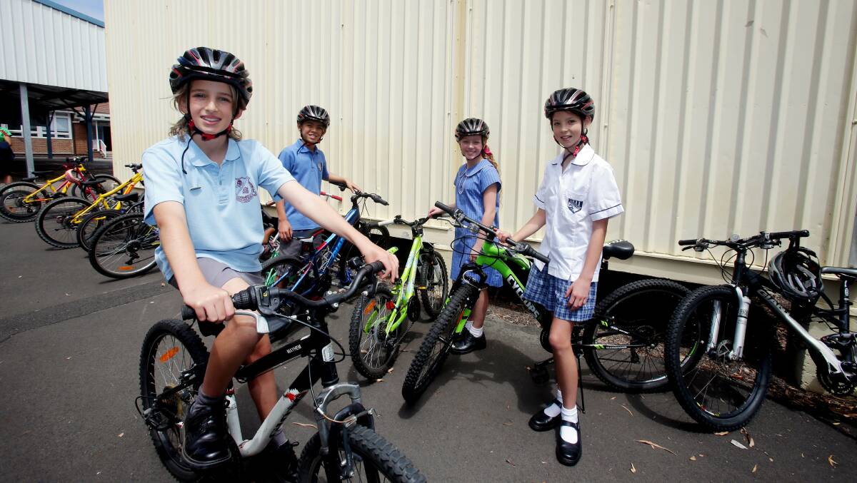 School captains at the Cycle to School Project launch: Front: Orlando Santilli (Sutherland North PS) and Olivia Davey (Woolooware PS). Rear: Samuel Niumataiwalu (Woolooware PS) and Kiera Dzeparoski (Sutherland North PS). Picture: Chris Lane
