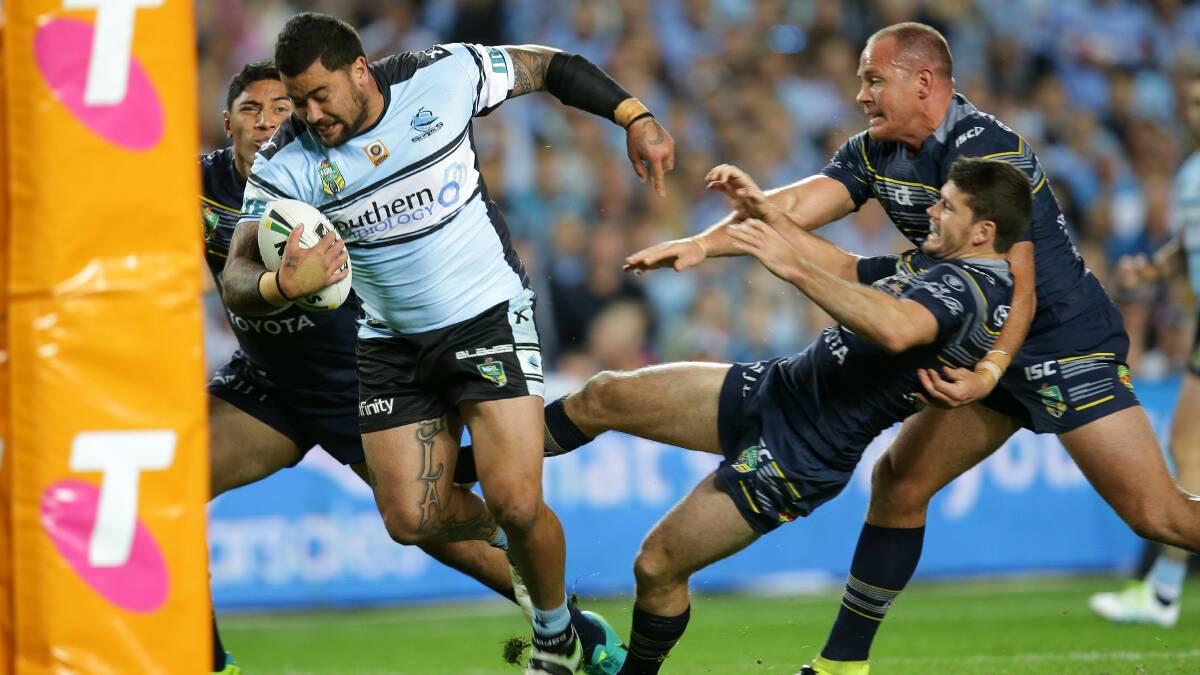 Wrecking ball: Andrew Fifita on the charge in the preliminary final. Picture: John Veage