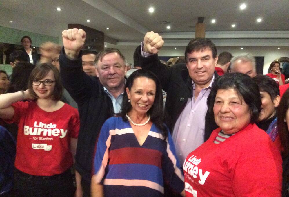 Linda Burney with happy supporters, including Rockdale mayor Bill Saravinovski and Councillor Andrew Tsounis.
