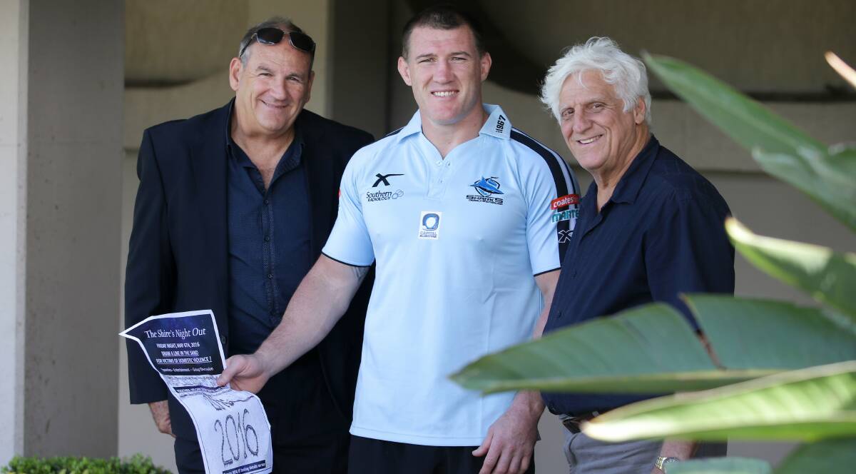 Against Domestic violence: Paul Gallen, who can't attend because he is on Test duty, promotes the event with Russell Kinred and Rev George Capsis. Picture: John Veage