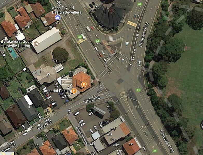 Stuart Street (left) feeds into the intersection of Princes Highway and King Georges Road. Picture: Google Maps