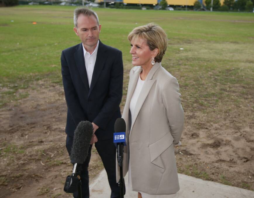 Election questions: Julie Bishop and David Coleman hold a news conference in Penshurst Park. Picture: John Veage
