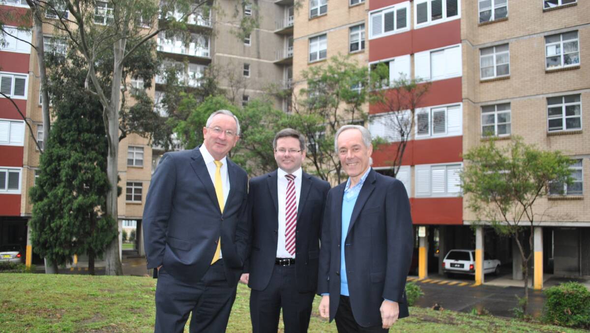 Houisng plan: Brad Hazzard (left), Mark Coure and Morris Iemma at Riverwood. Picture: supplied
