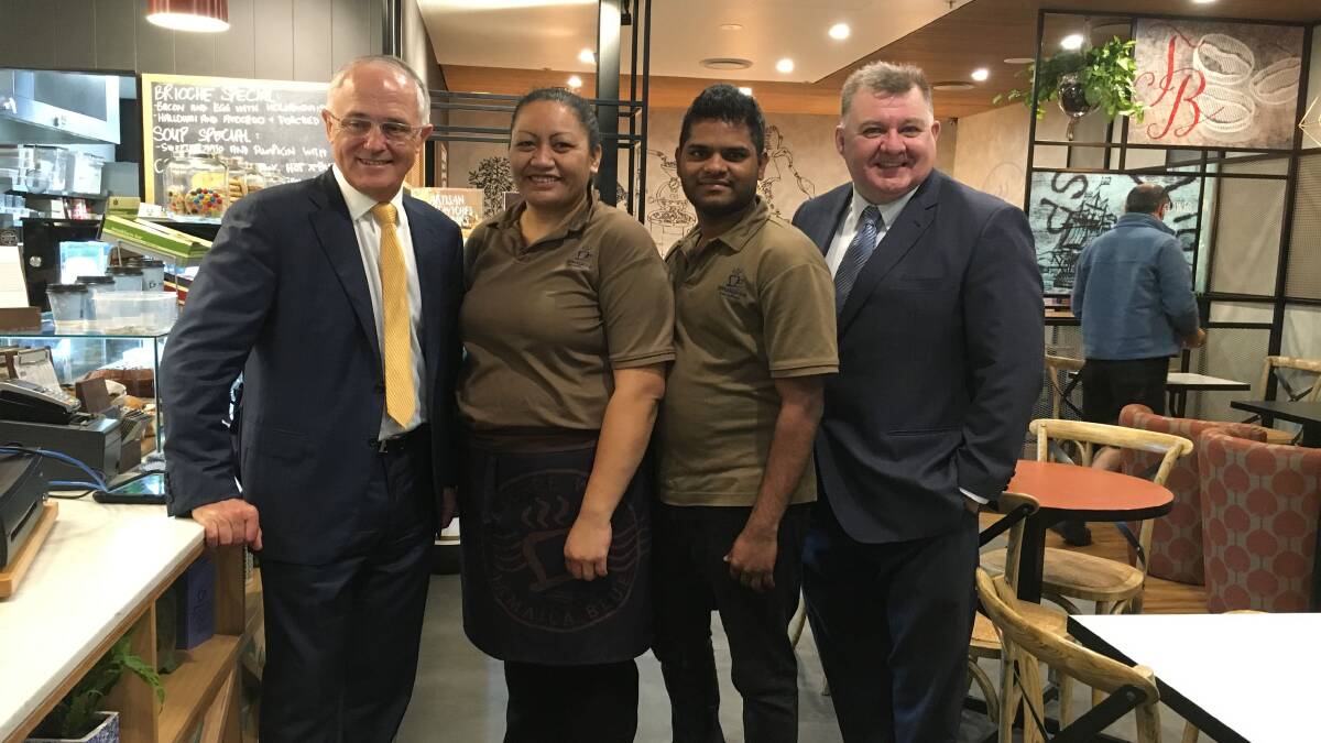 Real deal: Craig Kelly with his real leader Malcolm Turnbull having coffee at Menai Marketplace. Picture: supplied