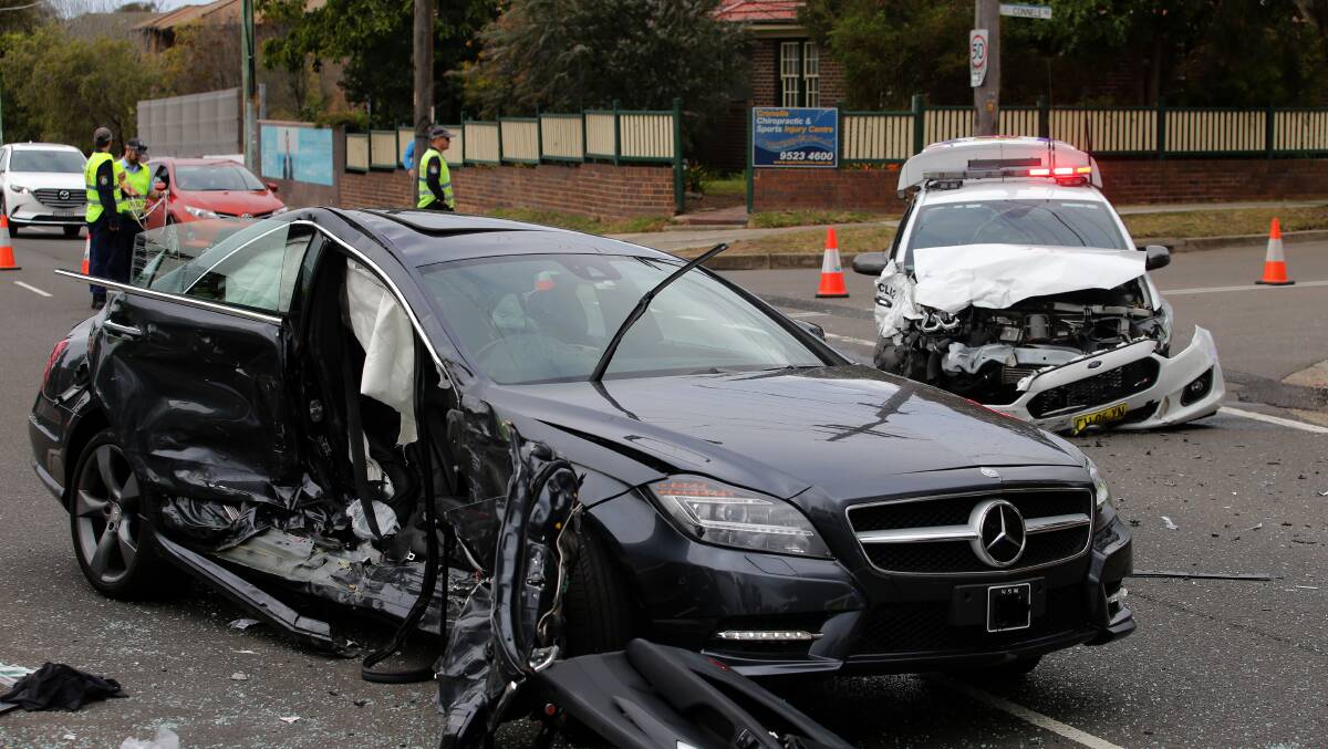 Crash scene at the intersection of Kingsway and Woolooware Road. Picture: John Veage
