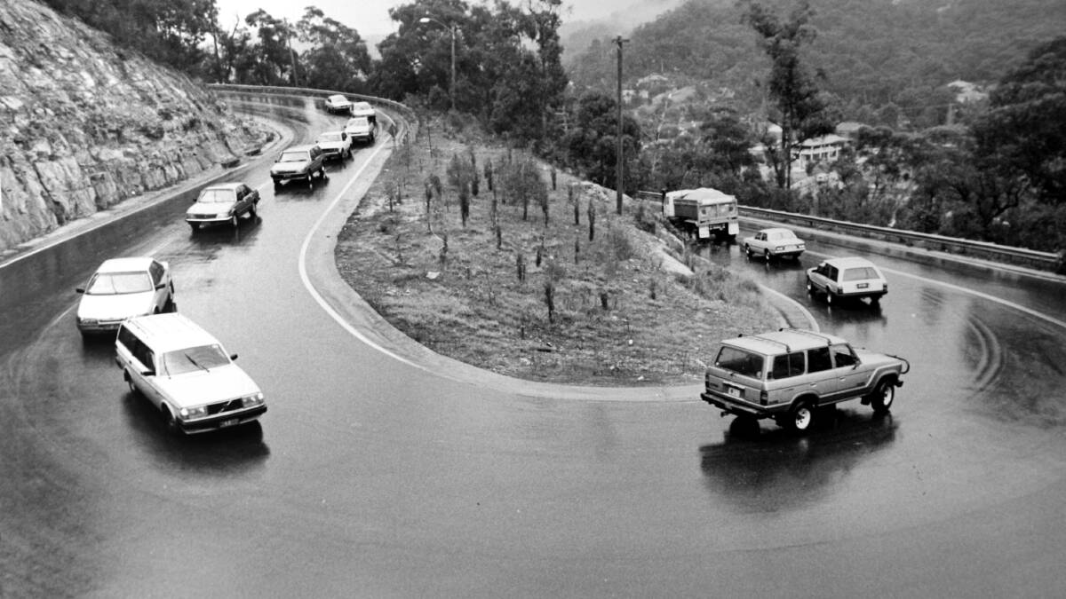 The "windies": River Road on the Sutherland side of the Woronora River had vertical rock walls (cut back in this photo) on one side and a big drop on the other.