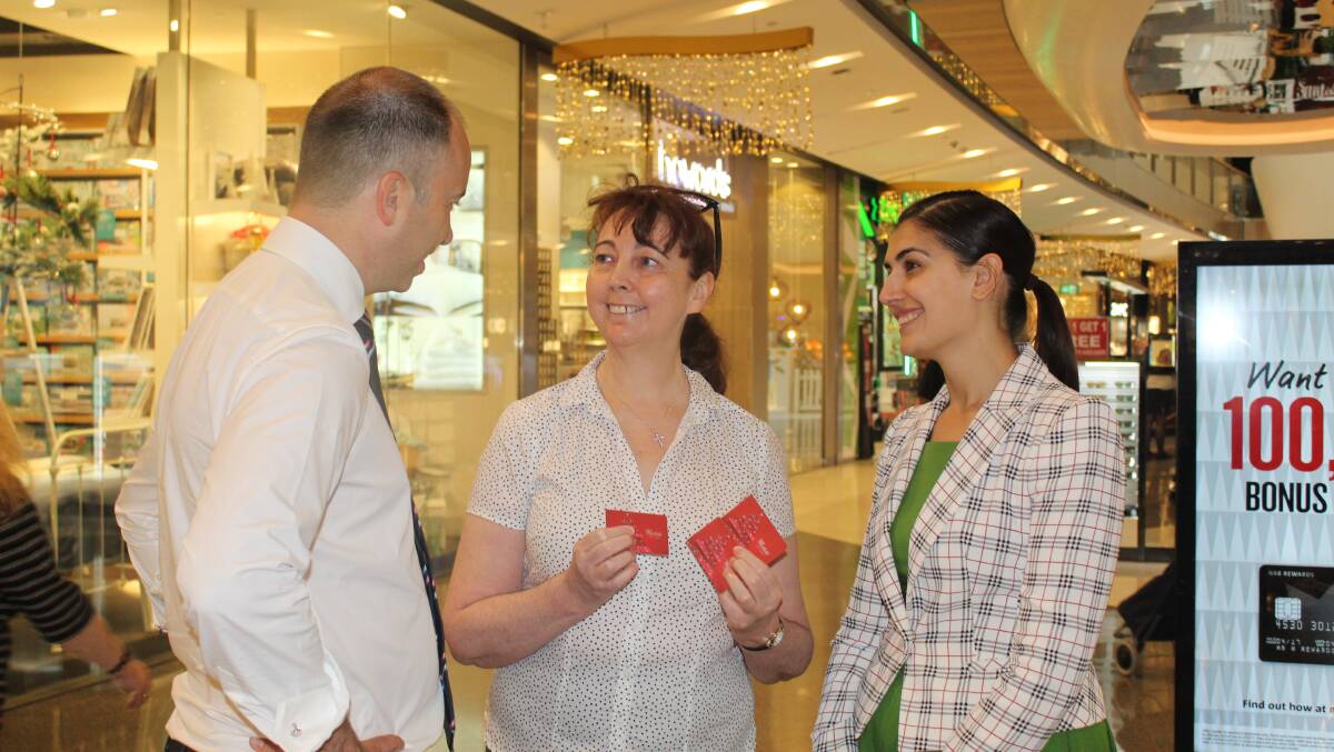 Carolyn Cash chats with Matt Kean and Eleni Petinos (right) at Westfield Miranda. Picture: supplied