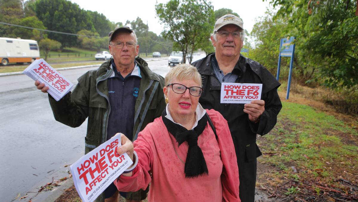 Saturation advertising: Anne Field, Peter Martyn (left) and Bob Greenhill stand in the rain beside President Avenue with leaflets inviting residents to the meeting on Saturday. Picture: John Veage