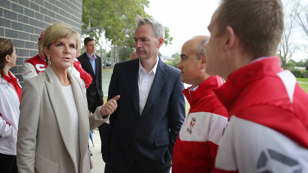 Election pledge: Julie Bishop and David Coleman with St George Football Association officials Sok Mallios and Craig Kiely. Picture: John Veage