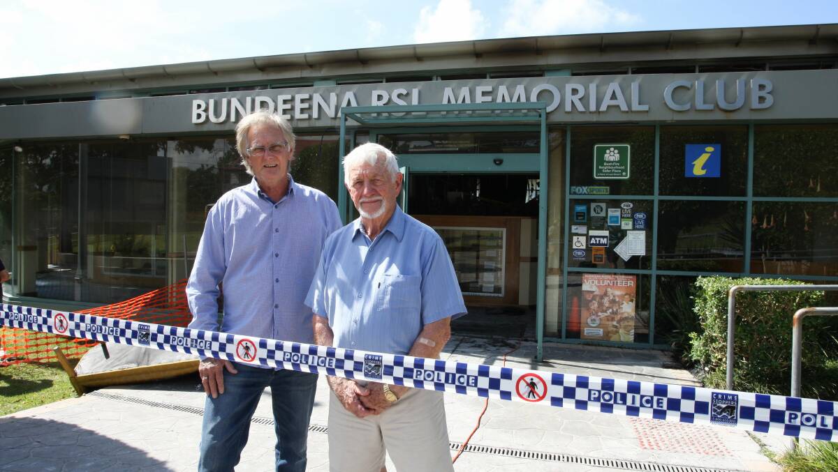 Community loss: Resident John Ferris and RSL sub-branch president Paul Griffiths outside the burnt-out club in February last year. Picture:Sam Venn
